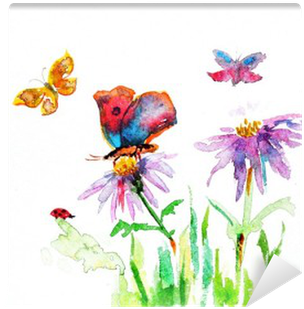 Watercolor Drawing Of A Flower With A Butterfly Wall - Shabby Chic Shower Curtain By Ambesonne, Watercolour (400x400), Png Download