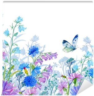 Fotomural Fondo De Flowers - Watercolor Flowers And Butterfly (400x400), Png Download