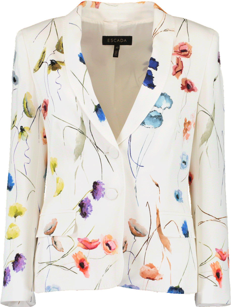 Escada Watercolor Floral Print 2 Button Blazer W/ Sequins - Cardigan (960x1223), Png Download