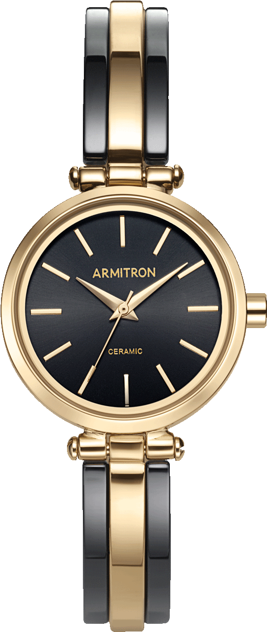 Two Tone Analog Watch With Black Ceramic And Gold Bangle - Watch (870x1493), Png Download