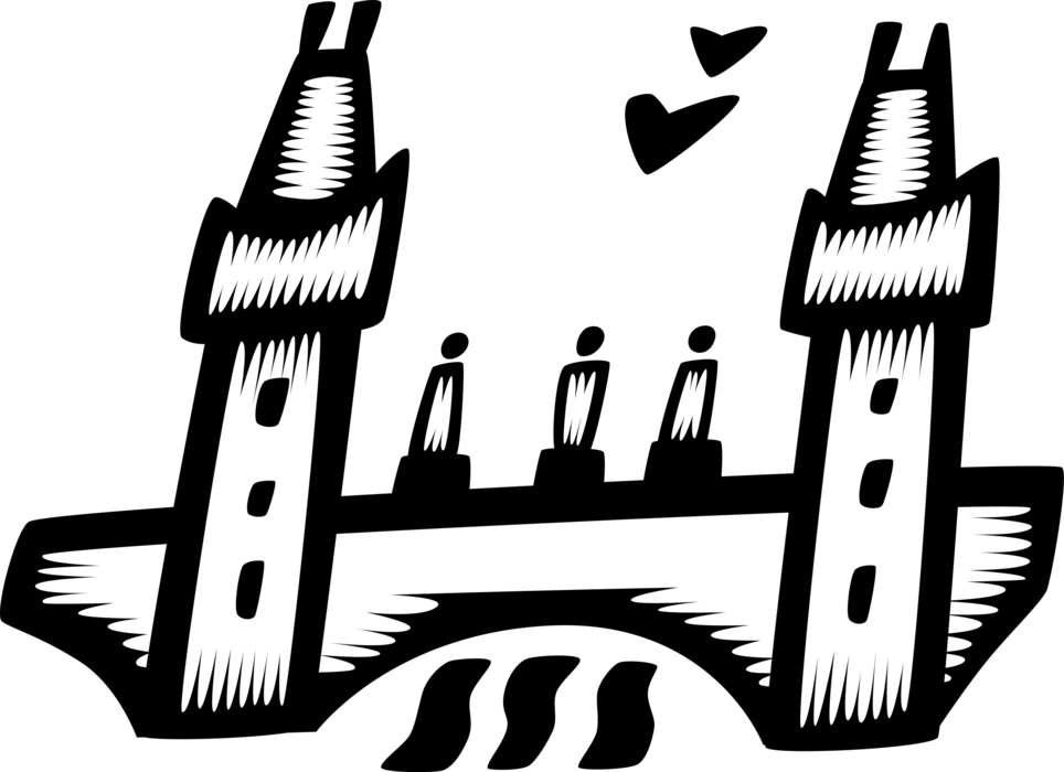 Vector Illustration Of Bridge With Towers Architecture (964x700), Png Download