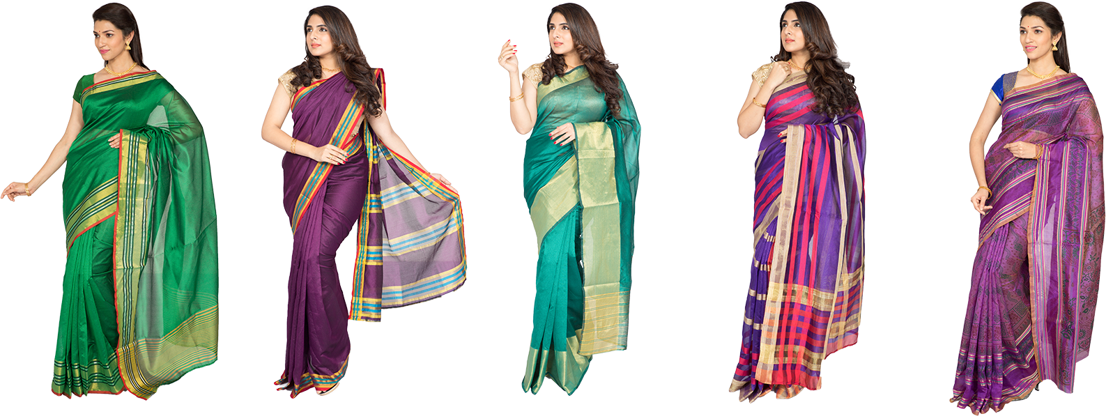 Assorted 5 Cotton Silk Saree Collections - Silk (1587x597), Png Download