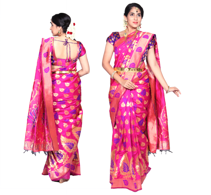 Maharani Pink Jari Jacquard Cotton Silk Saree - Maharani Sarees (690x640), Png Download