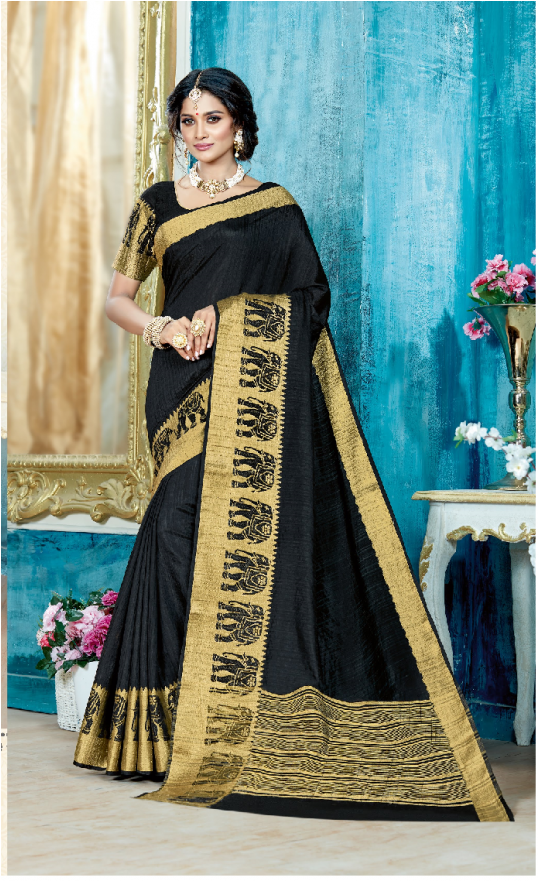 Charcoal Black Designer Silk Saree - Sari (920x880), Png Download