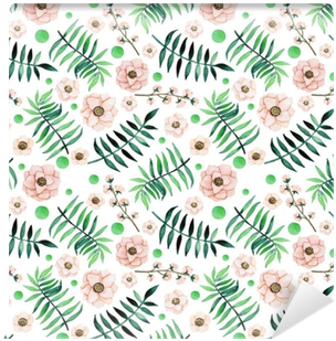 Watercolor Green Dots, Ferns And Light Flowers Wall - Watercolor Painting (400x400), Png Download