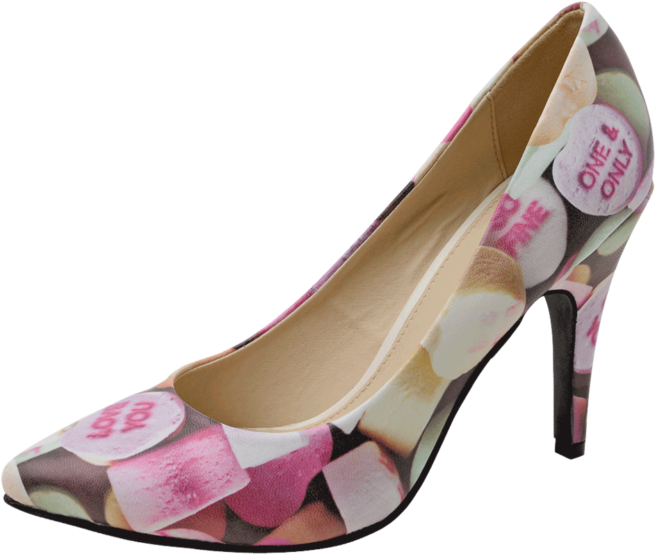 Candy Hearts Pattern Vegan Pointed Diana Heel - Basic Pump (1023x818), Png Download