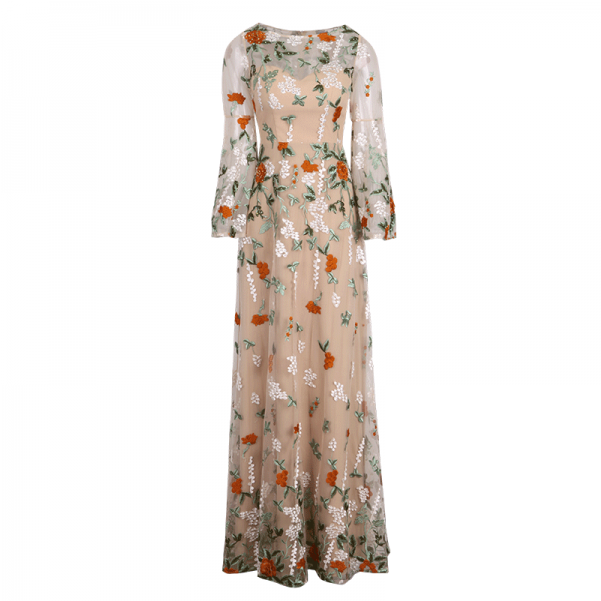 Illusion Neckline Floral Embroidered Evening Prom Dress - Gown (600x800), Png Download
