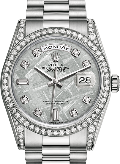 Copy Rolex Day Date 36 White Gold And Diamonds Meteorite - Rolex Day Date White Gold Diamond (840x550), Png Download