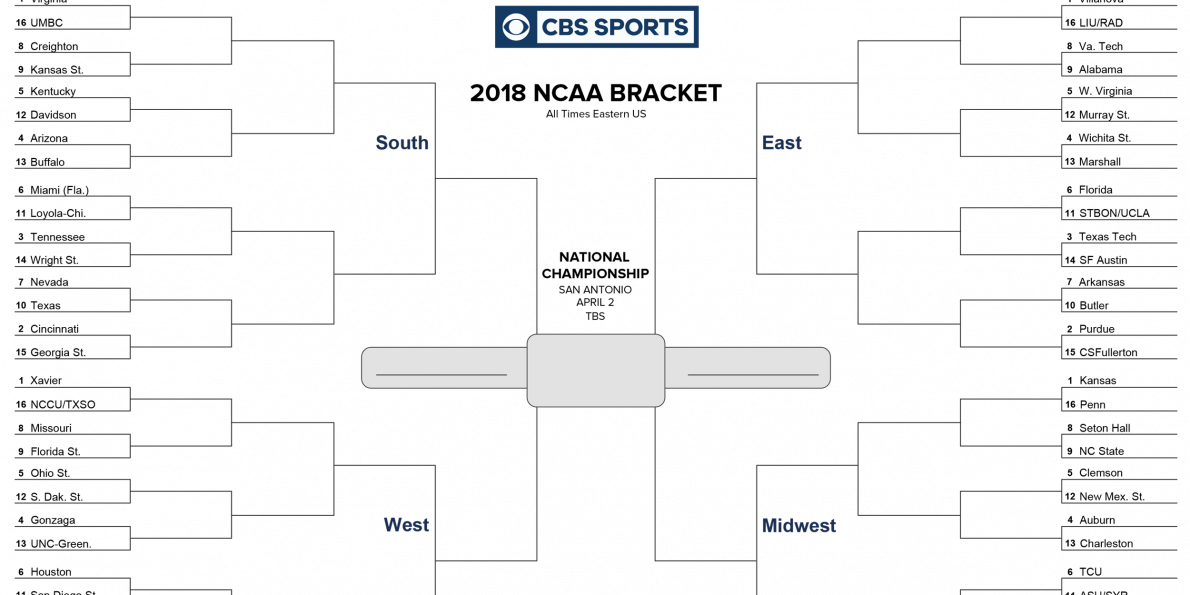 Tournament Bracket Png - Ncaa Printable Bracket 2018 (1190x595), Png Download