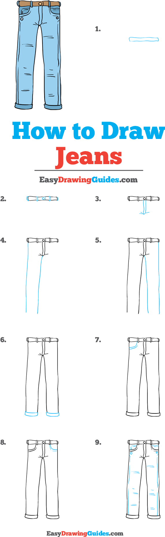 The Complete Jeans Drawing Tutorial In One Image - Draw Cute Pencil Step By Step (736x1914), Png Download