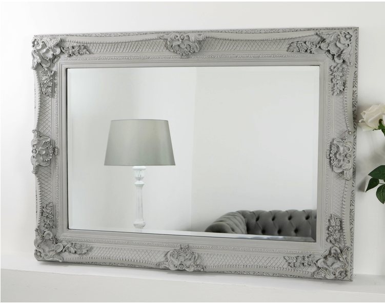 Grey Ornate Rectangular Mirror 38" X 28" - Grey Framed Mirror (750x750), Png Download