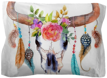 Watercolor Bull Skull With Flowers And Feathers Pillow - Boho Bull Skull Png (400x400), Png Download