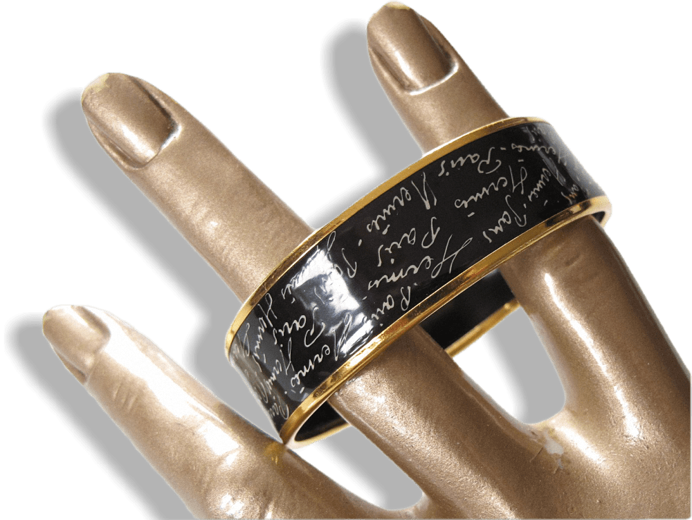 Hermes Black/white Enamel Gold Trim Ecriture Wide Bangle - Ring (1000x752), Png Download