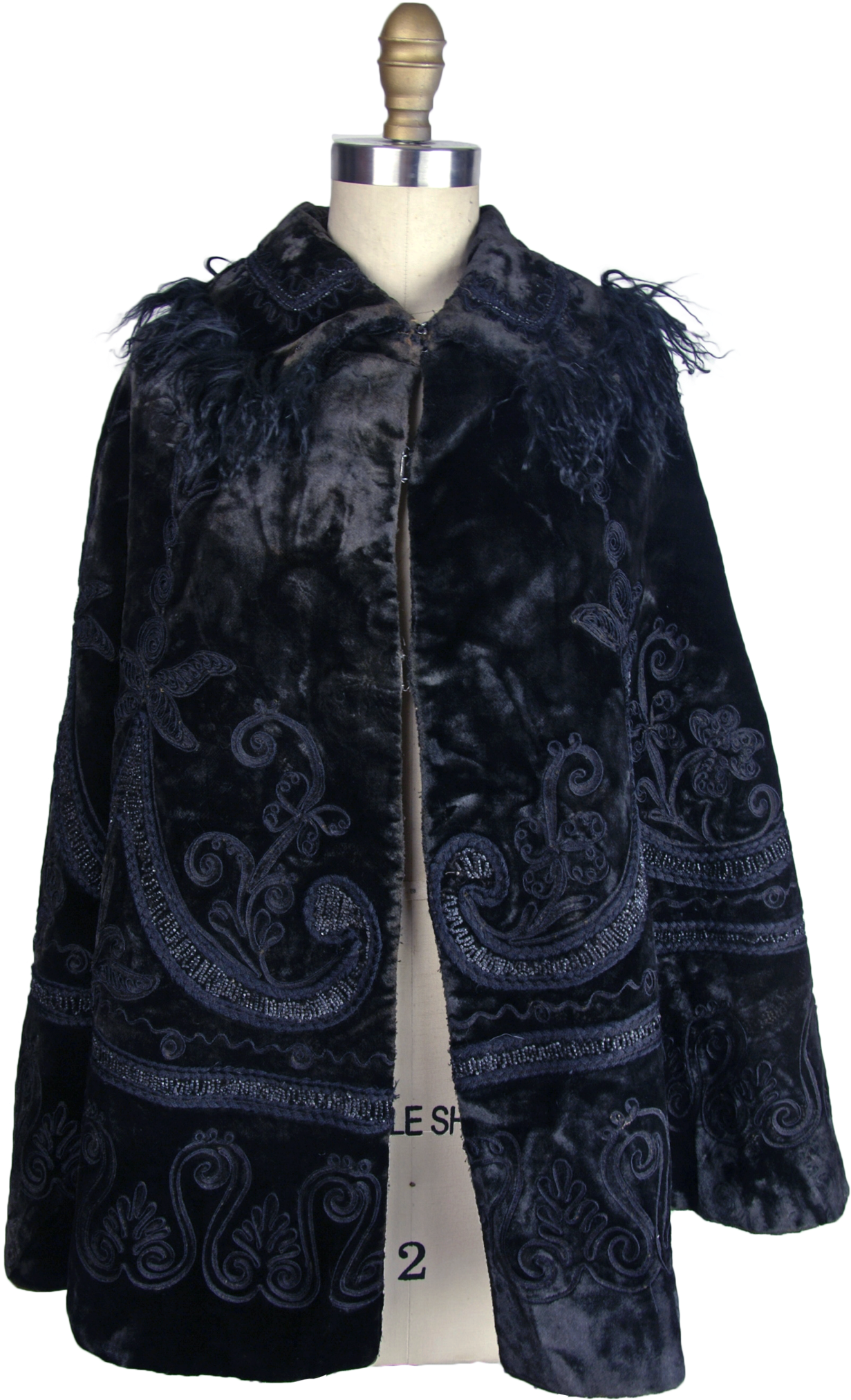 Victorian Black Plush Cape Beaded With Fur Trim On - Overcoat (2048x2048), Png Download