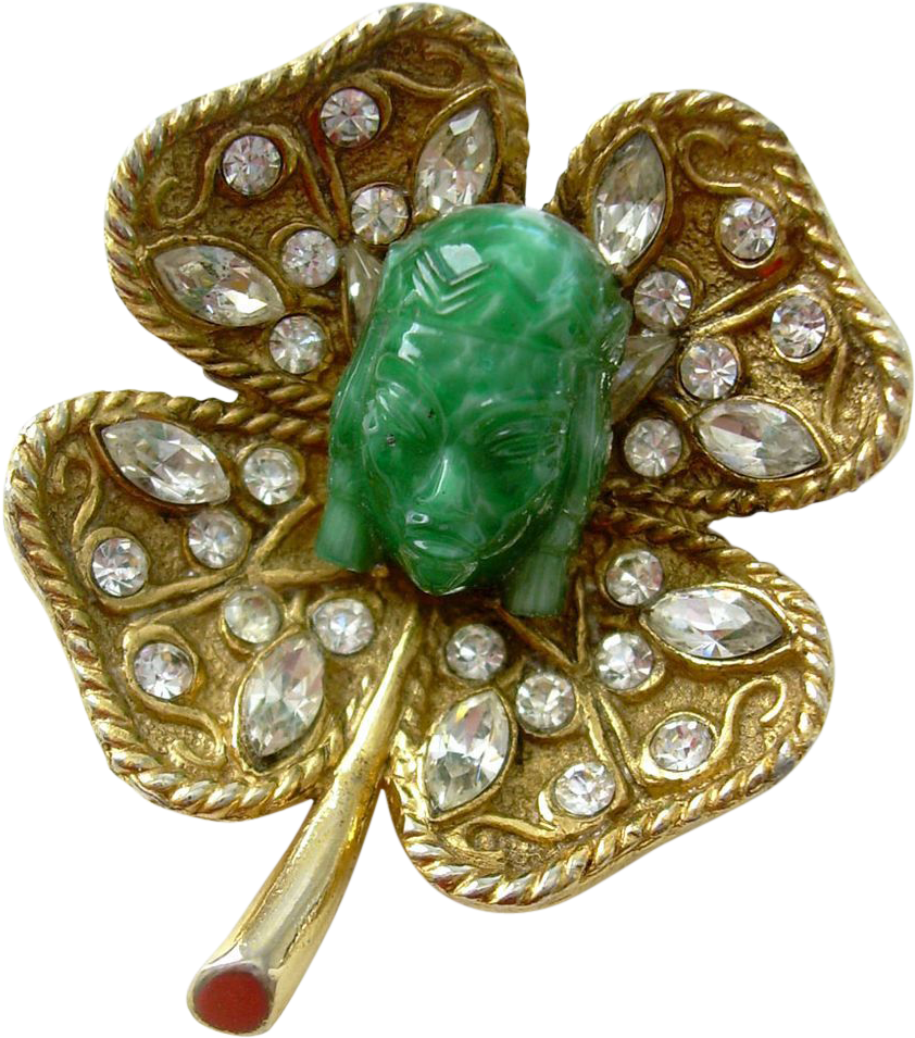 Carnegie Asian 'jade' Princess & Four Leaf Clover Brooch - Emerald (954x954), Png Download