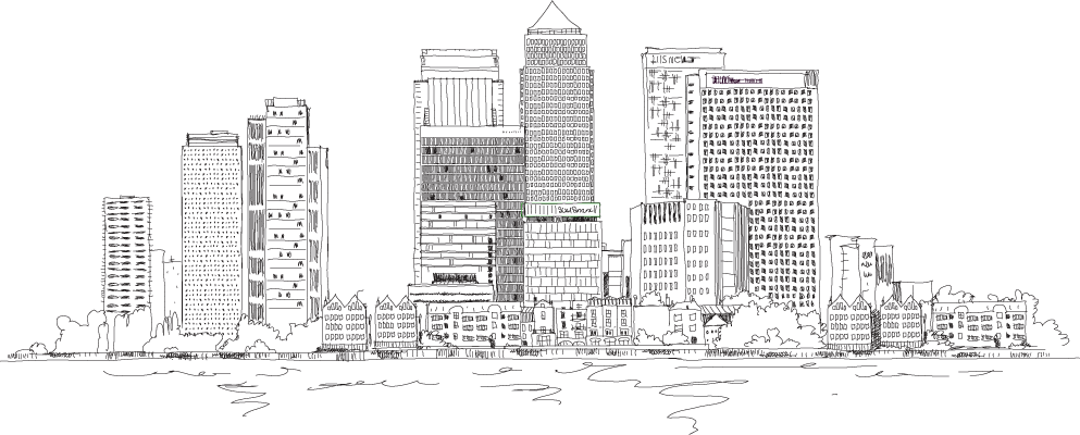 Wharf Clipart Black And White - Canary Wharf Skyline Drawing (993x400), Png Download