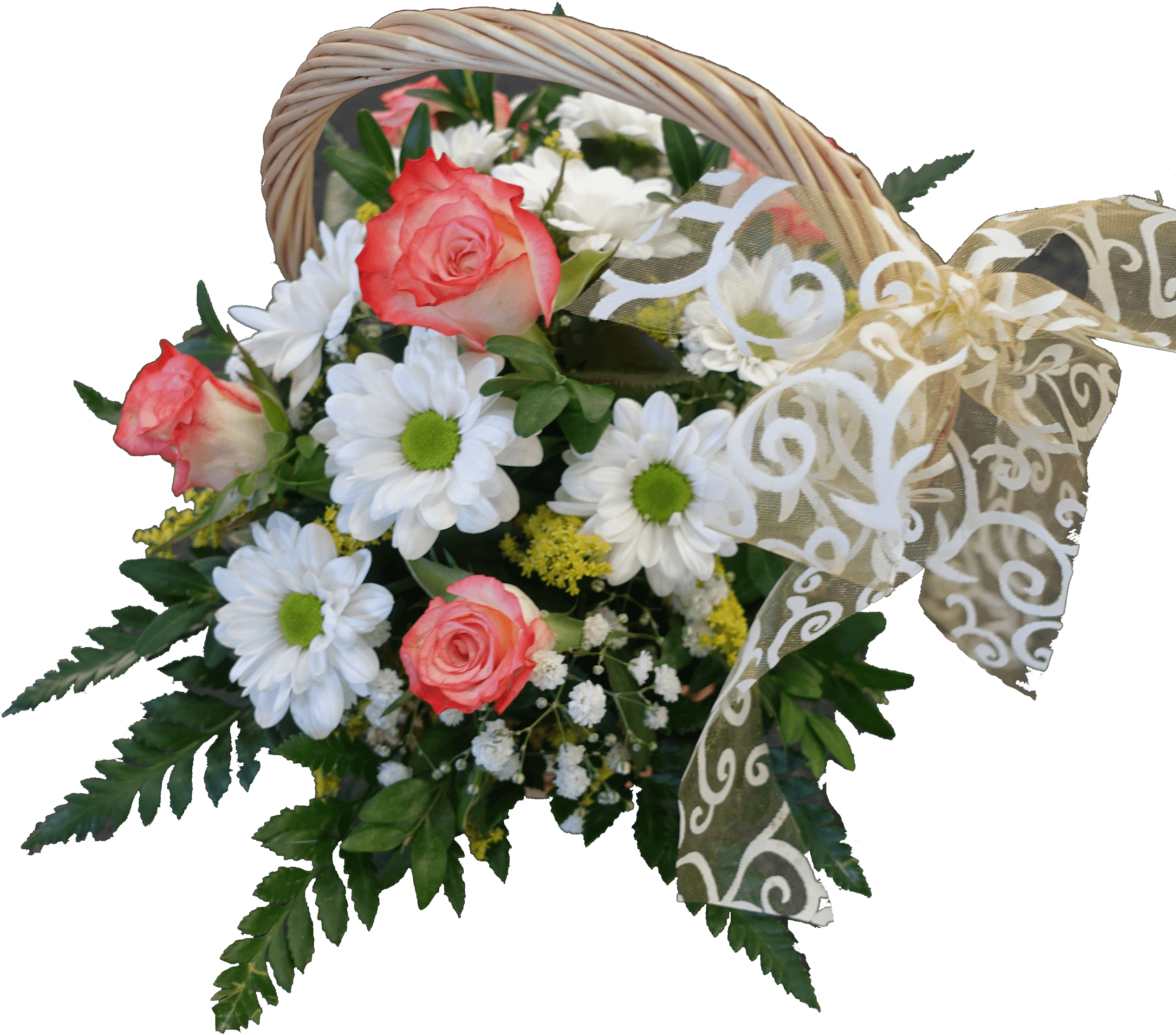 Pink Rose And White Chrysanthemum Flower Basket - Bouquet (2533x2229), Png Download