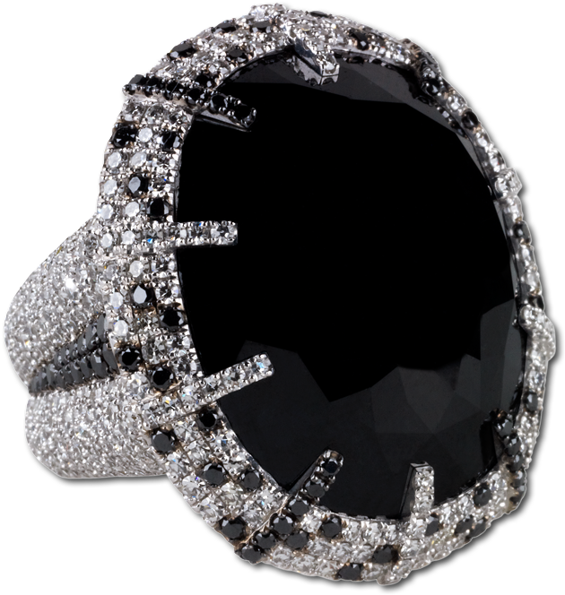 Cushion Cut Oval Black Diamond Ring Set In An 18kt - Ring (800x762), Png Download