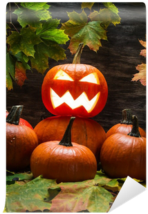 Jack O Lantern On Pumpkins Pile With Leaves Wall Mural - Stingy Jack (400x400), Png Download