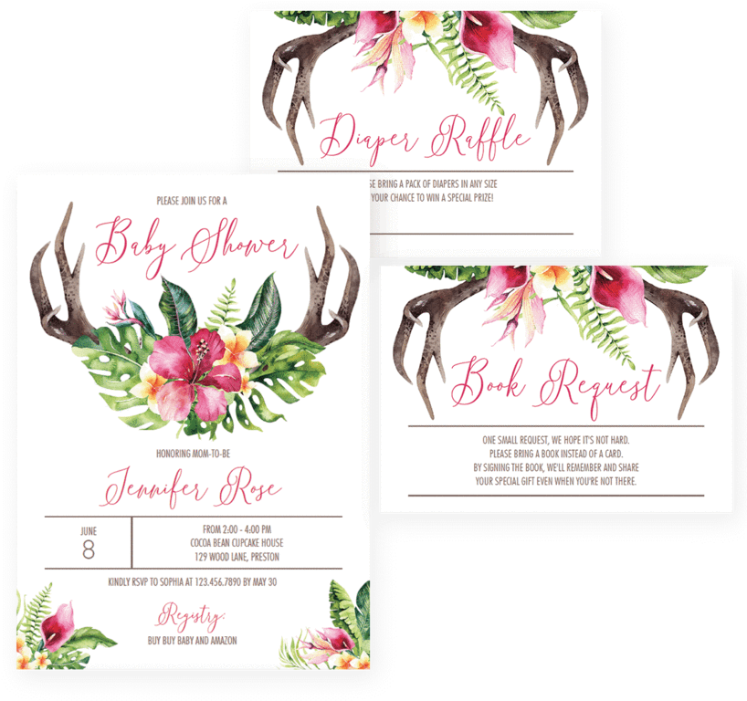 Floral Antler Baby Shower Invitation Set Download By - Bohemian Invitation Template (819x1024), Png Download