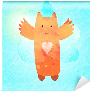Flying Cat Character With Heart - Watercolor Painting (400x400), Png Download