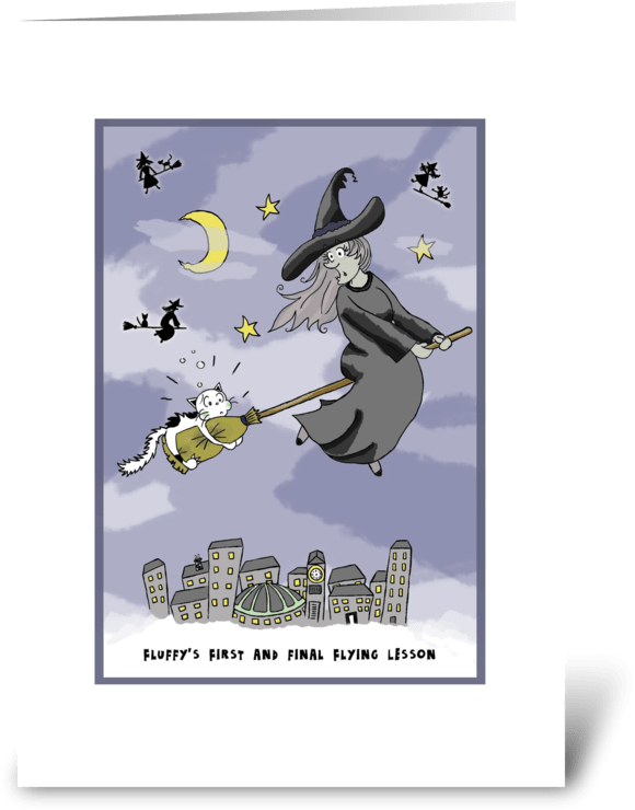 Cat Gets Flying Lessons At Halloween Greeting Card - Cartoon (700x792), Png Download