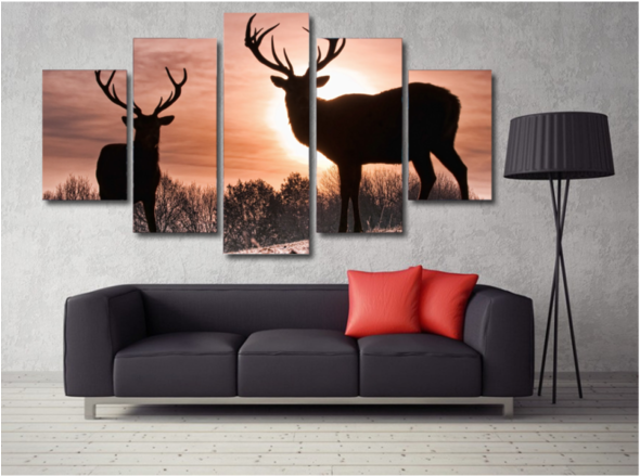 Deer - Deers Sunset Snow Wild Animal Nature Framed Canvas (600x600), Png Download