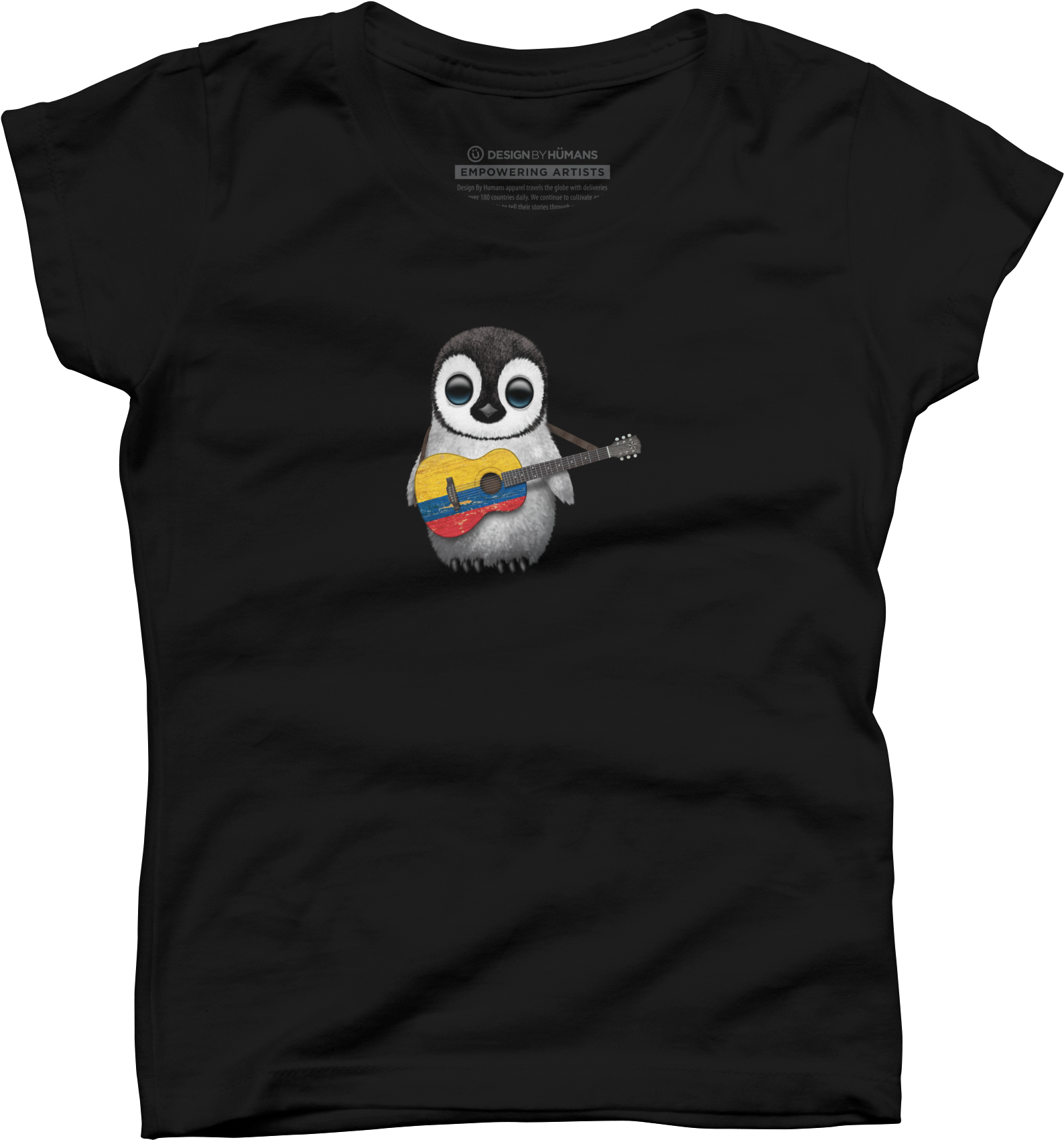 Baby Penguin Playing Colombian Flag Guitar Girl's T-shirt - Cartoon (1725x1800), Png Download