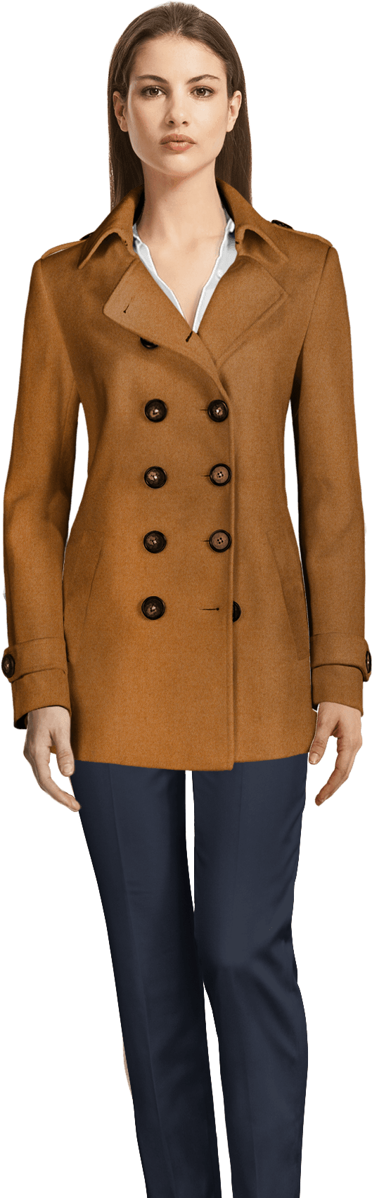 Camel Pea Coat-view Front - Womens Bermuda Shorts Suit (655x1740), Png Download