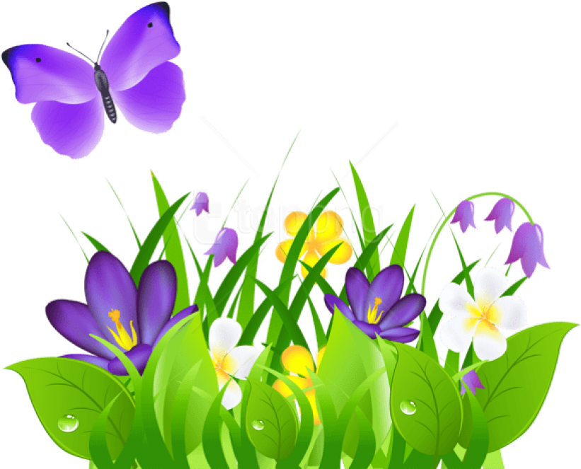 Free Png Download Purple Flowers Grass And Butterflypicture - Butterfly With Flowers Clipart (850x690), Png Download