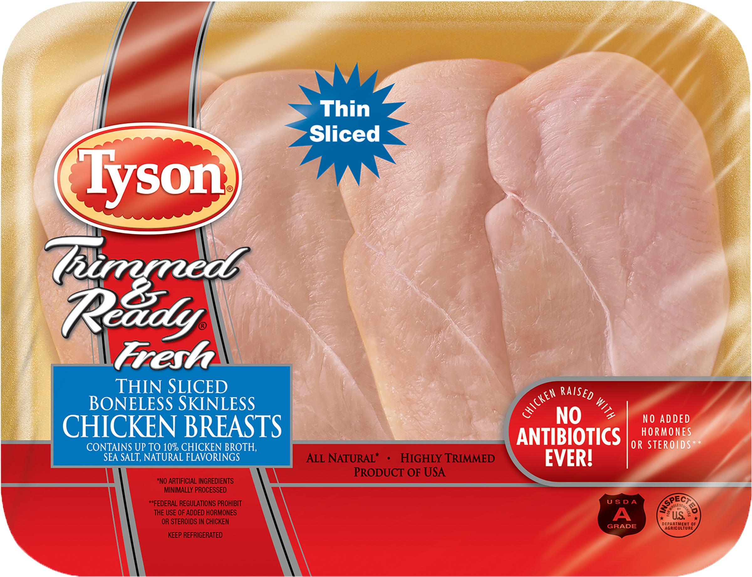 Tyson® Trimmed & Ready Fresh Thin Sliced Boneless Skinless - Tyson Thin Boneless Chicken Breast (2400x2400), Png Download