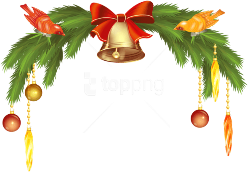 Free Png Christmas Bells With Pine Branch Png - Christmas Bells (850x597), Png Download