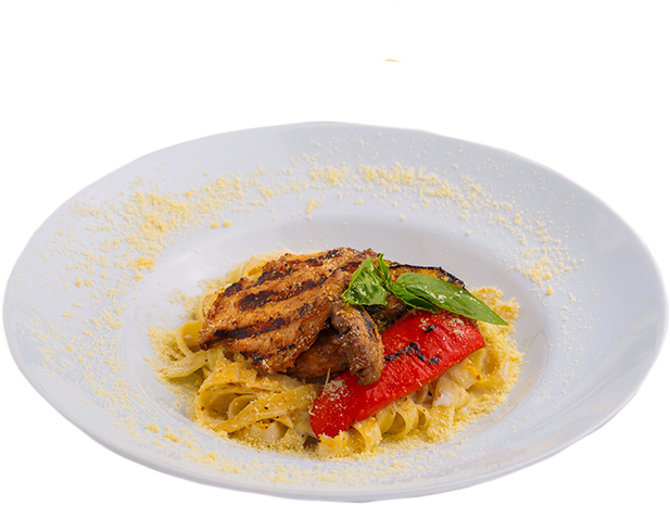 Tagliatelle With Grilled Chicken Fillet - Dish (766x496), Png Download