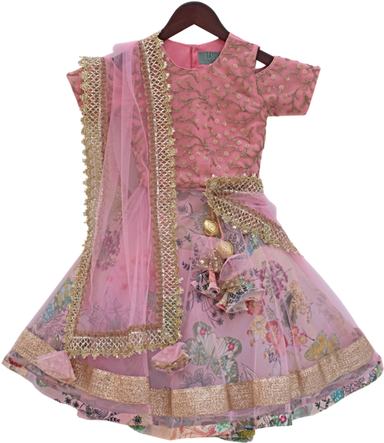Peach Dupion Silk Embroidery Choli With Printed Lehenga - Day Dress (580x870), Png Download
