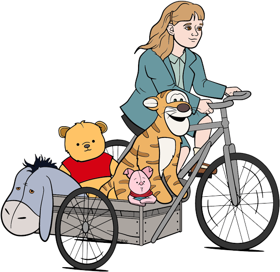 Madeline Widing Her Bicycle With Winnie The Pooh, Piglet, - Christopher Robin 2018 Madeline Robin (579x567), Png Download