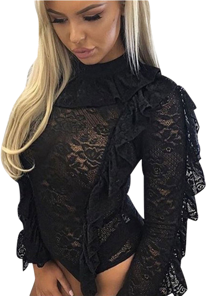 Black Ruffles Lace Sexy Bodysuit (1000x1000), Png Download