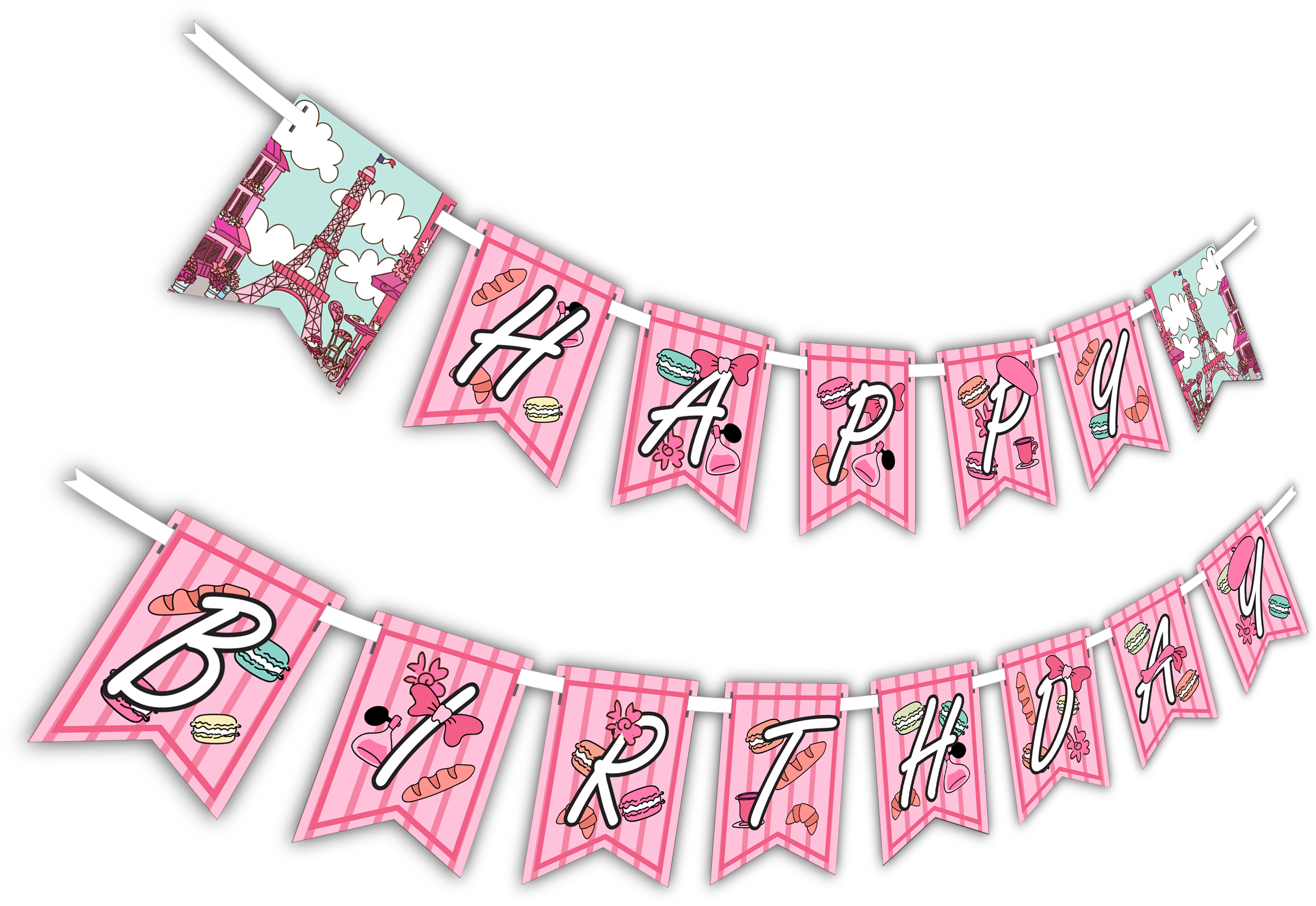 Pink Paris "happy Birthday" Party Banner - Birthday (3000x2432), Png Download