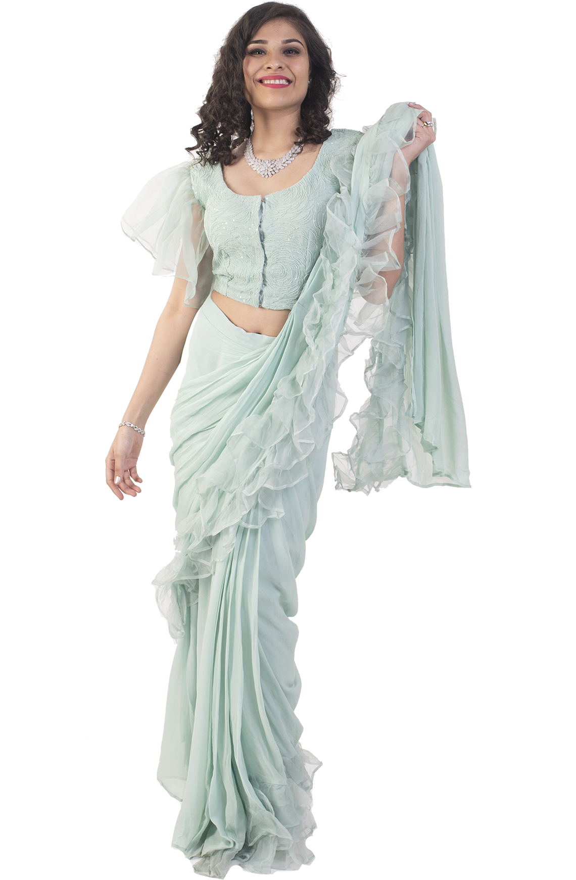 Mint Ruffle Concept Saree - Sari (1200x1800), Png Download