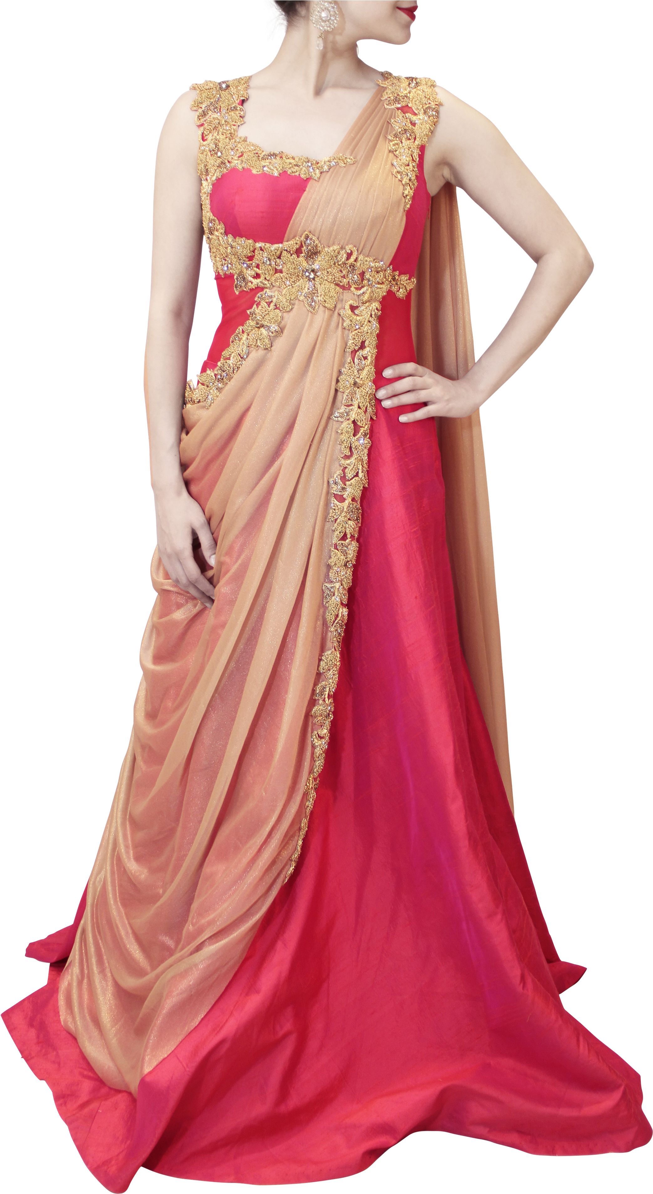 Gold And Pink Saree Gown - Gown (3456x3960), Png Download