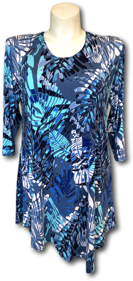 Shades Of Blues And Aqua Leaf Printed Asymmetrical - Day Dress (732x1024), Png Download