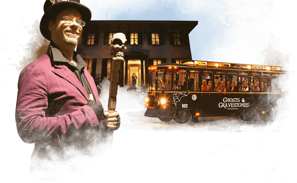 Savannah Ghost Tour Trolley And Cast Member - Snow (970x599), Png Download