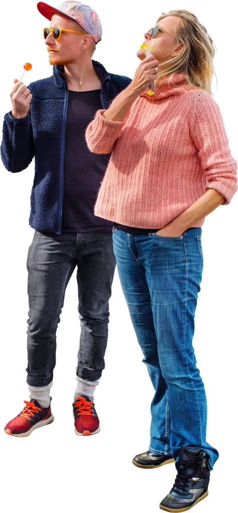 R And H Charging With Sunrays And Lollipops Before - People Standing And Eating Png (475x1024), Png Download