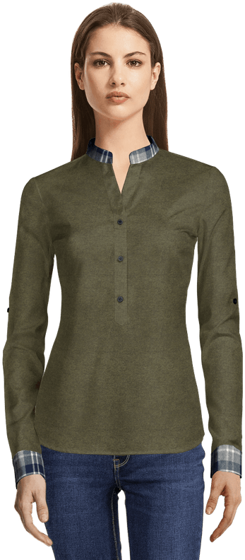 Green Flannel Shirt With Contrasted Cuffs And Collar-view - Blazer Azul De Rayas (437x807), Png Download