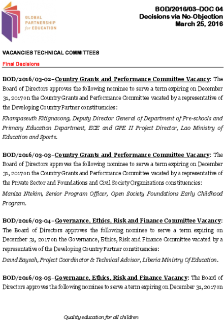 Board Decision On The Technical Committees' Vacancies - Global Partnership For Education (550x712), Png Download
