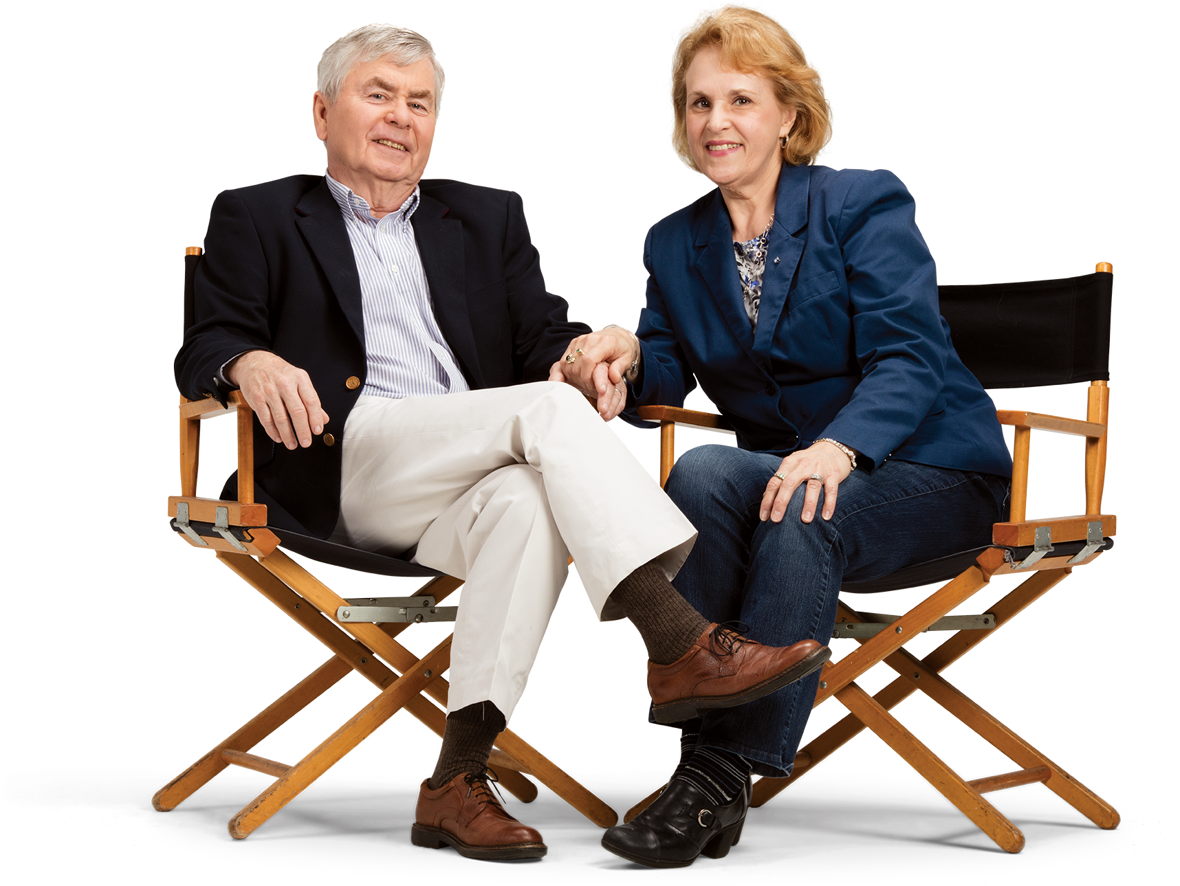 Happy Elderly Couple Sitting In Directors Chairs - Sitting (2000x1333), Png Download