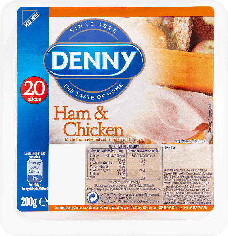 Denny Ham & Chicken 20 Slices 200g (800x829), Png Download